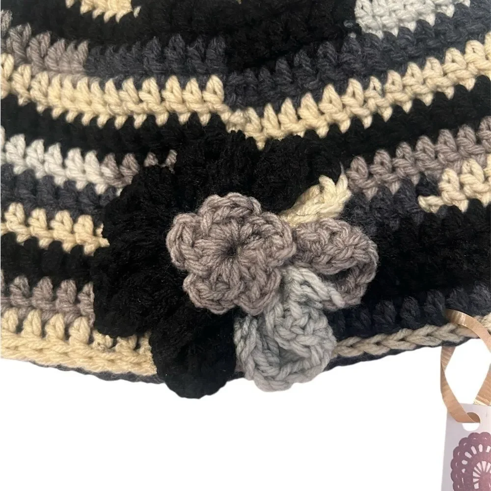 NWT Angelas Designs hand crocheted one of a kind grey black tan hat with flower